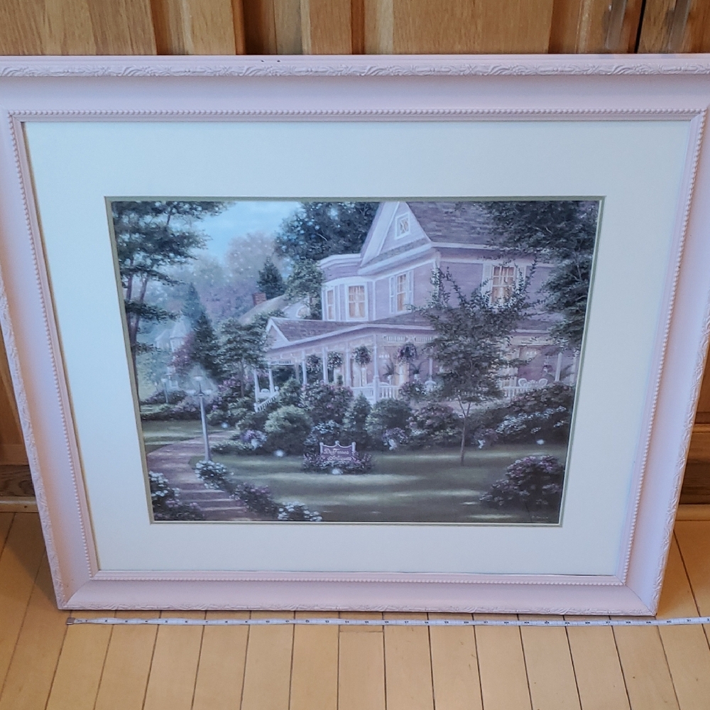 Framed Pastel Victorian House Print in Pink Frame. B BROWN